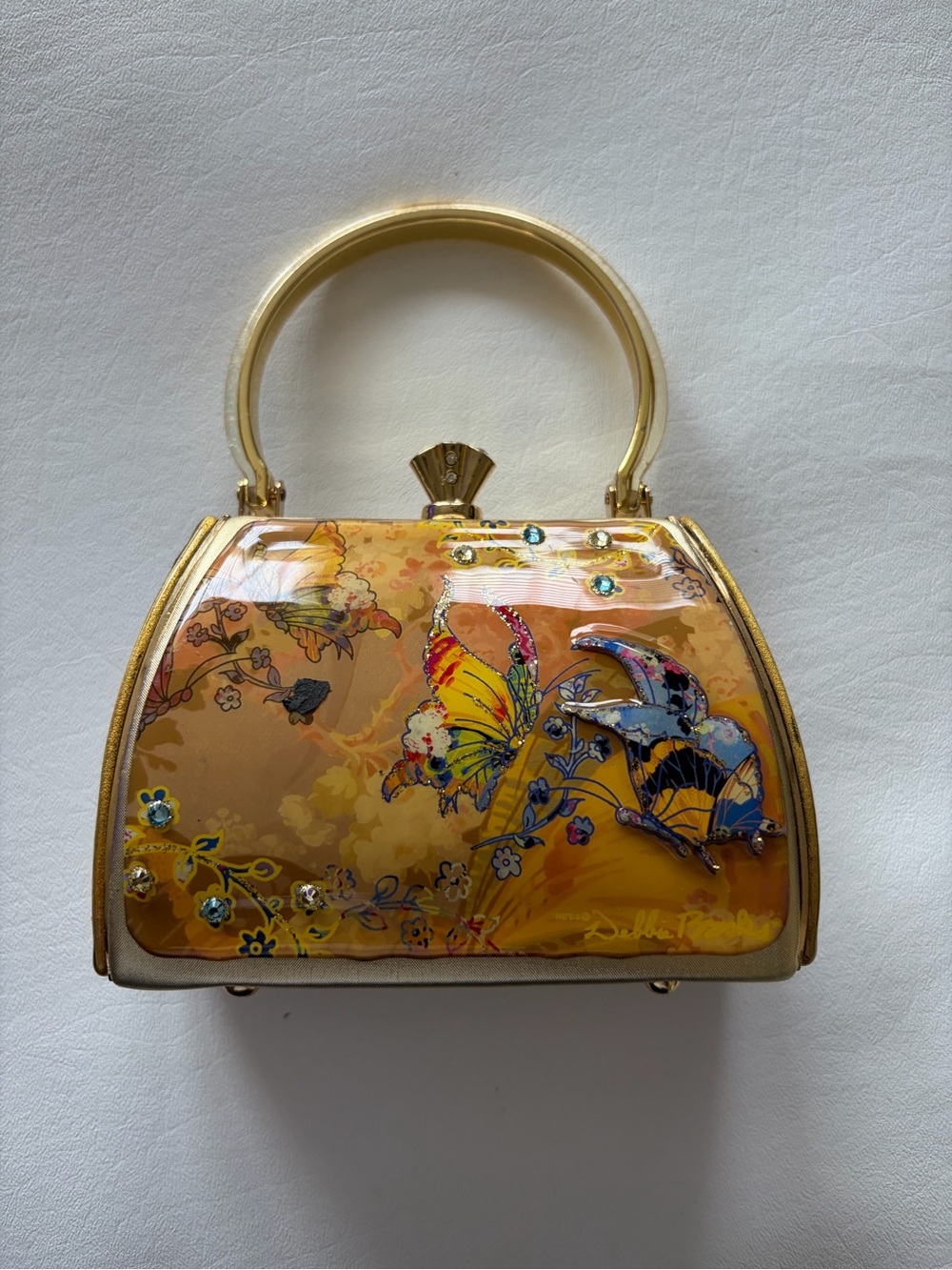 VTG Debbie Brooks Yellow Butterfly Enameled Dome Handbag Whimsy Floral Glitter - Picture 2 of 12